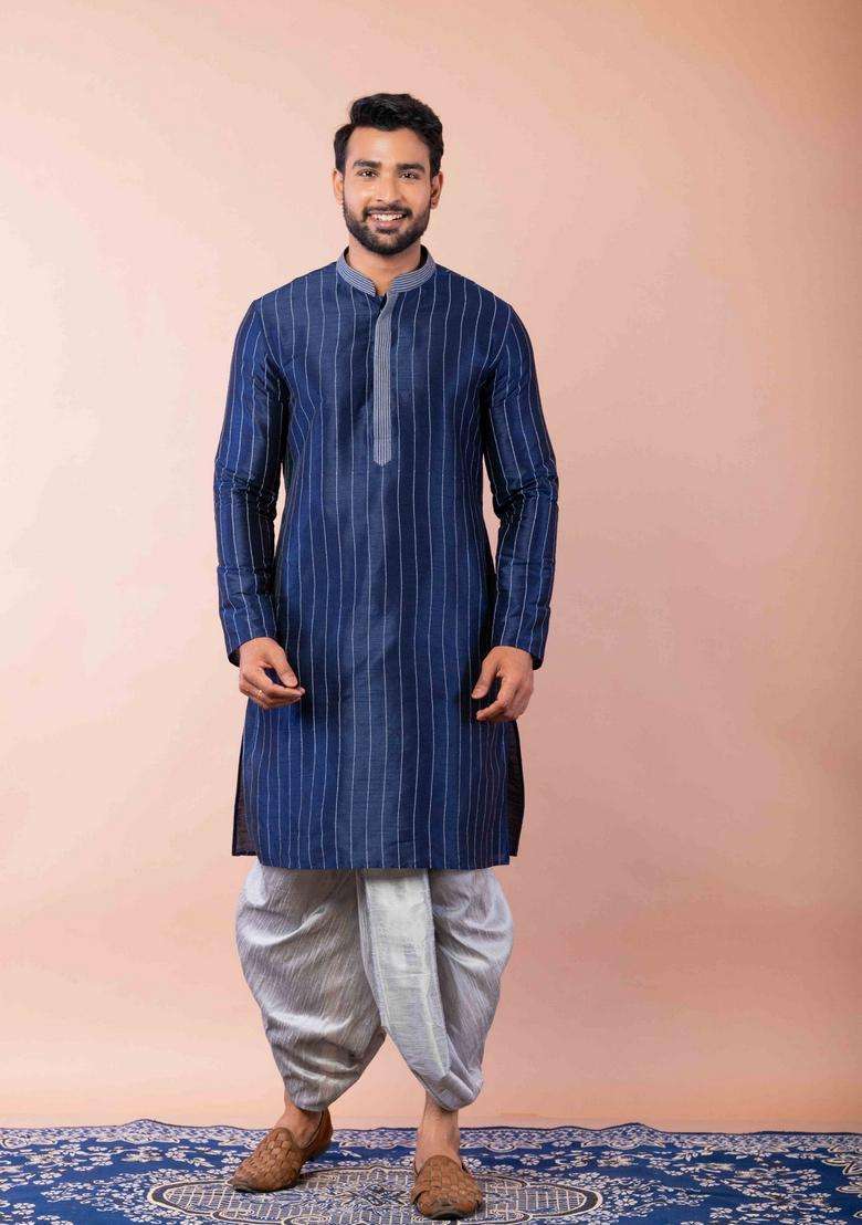 Navy Blue Embroidery Silk Kurta For Men - Indya