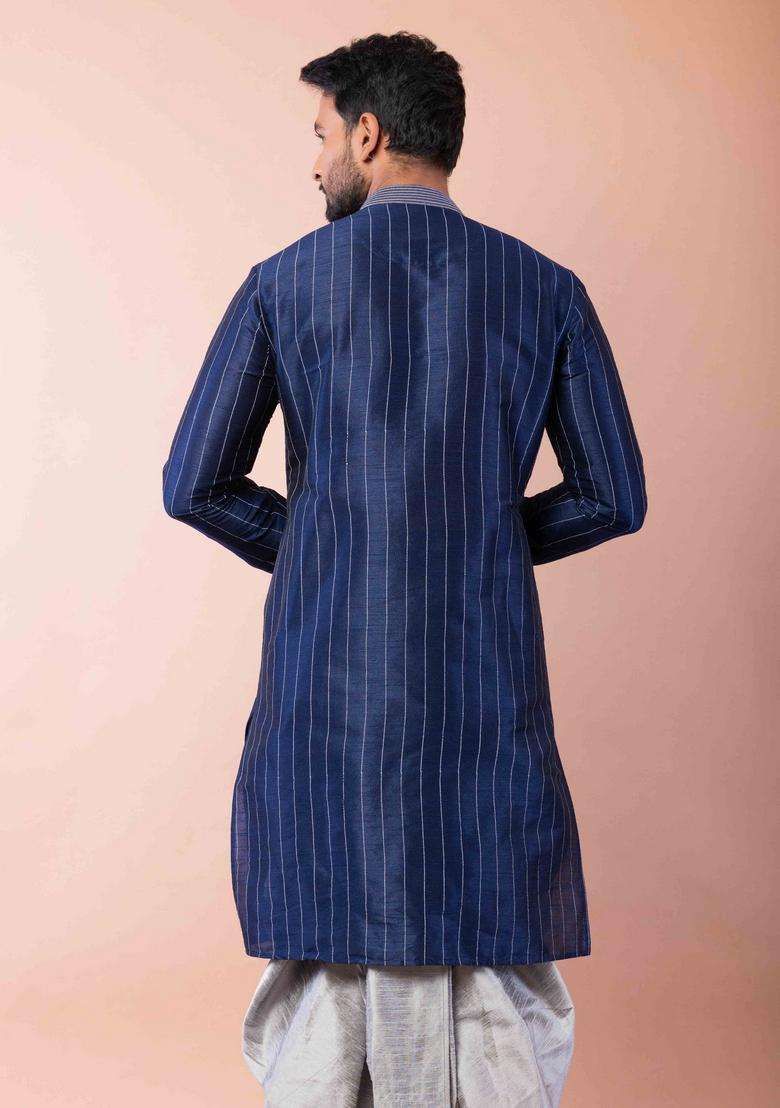 Navy Blue Embroidery Silk Kurta For Men - Indya