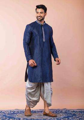 Navy Blue Embroidery Silk Kurta Set For Men