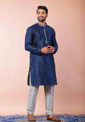 Navy Blue Embroidery Silk Kurta Set For Men