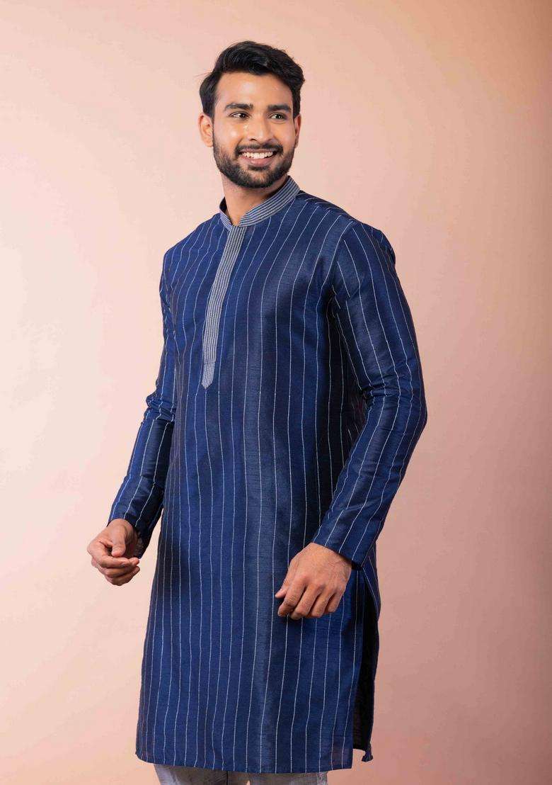 Navy Blue Embroidery Silk Kurta Set For Men - Indya