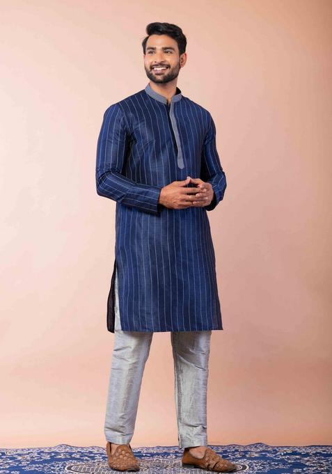 Navy Blue Embroidery Silk Kurta Set For Men