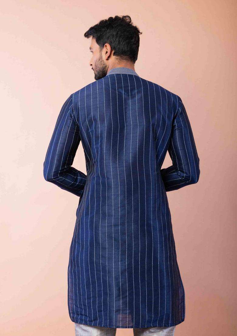 Navy Blue Embroidery Silk Kurta For Men - Indya