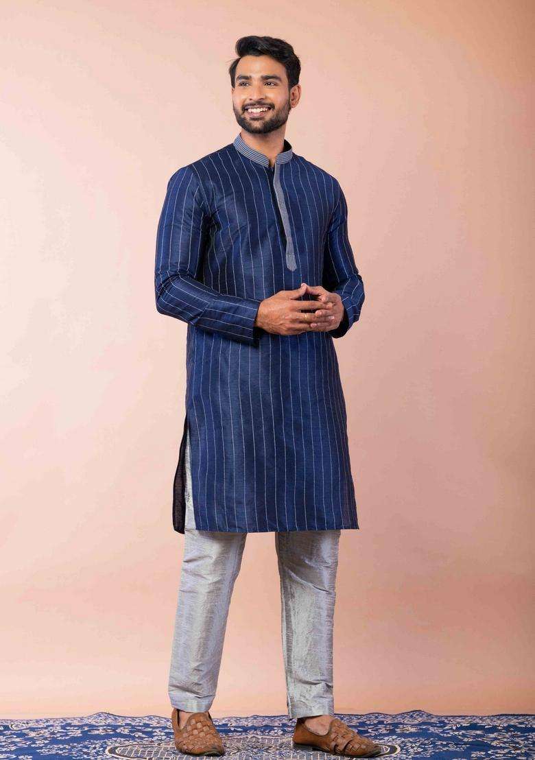 Navy Blue Embroidery Silk Kurta For Men - Indya