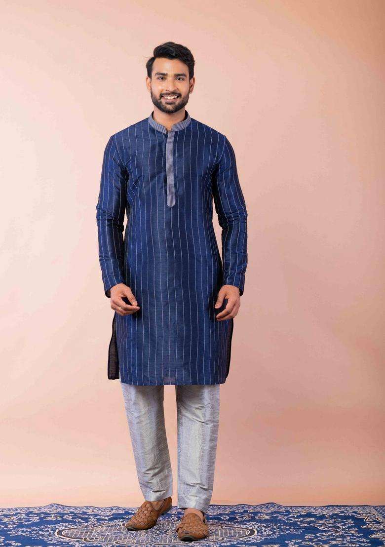 Navy Blue Embroidery Silk Kurta For Men - Indya