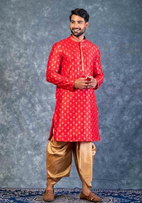 Red Embroidery Silk Kurta Set For Men