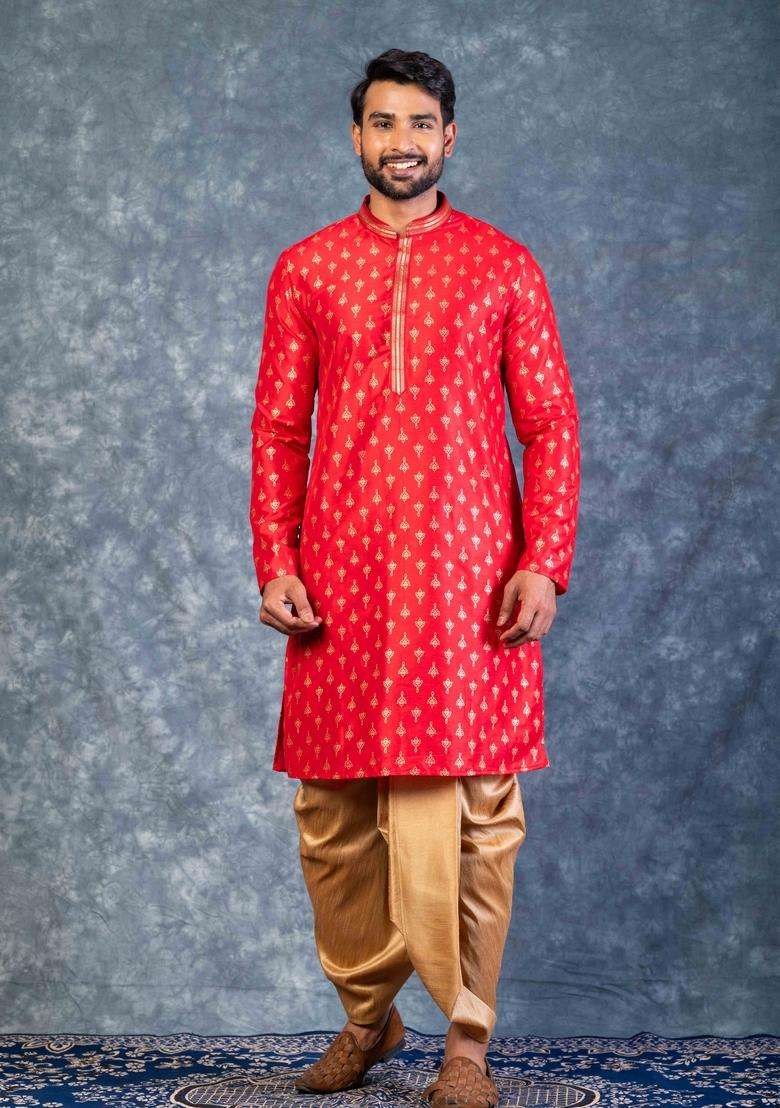 Red Embroidery Silk Kurta Set For Men - Indya