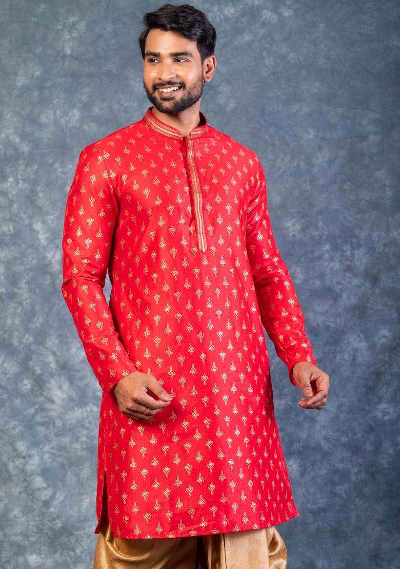 Red Embroidery Silk Dhoti Set For Men - Indya