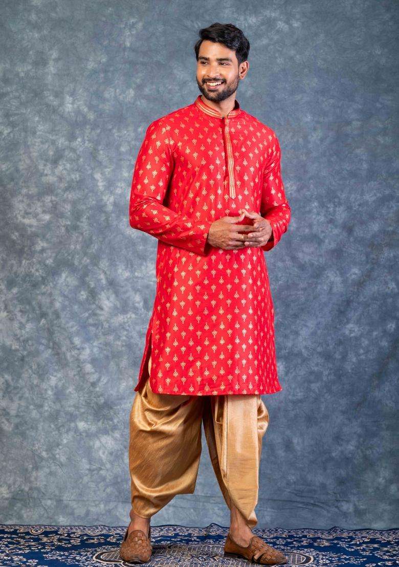 Red Embroidery Silk Dhoti Set For Men - Indya