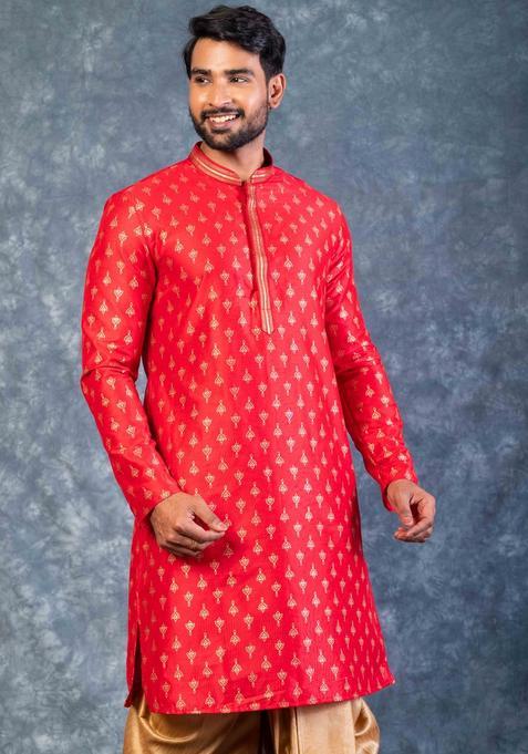 Red Embroidery Silk Dhoti Set For Men