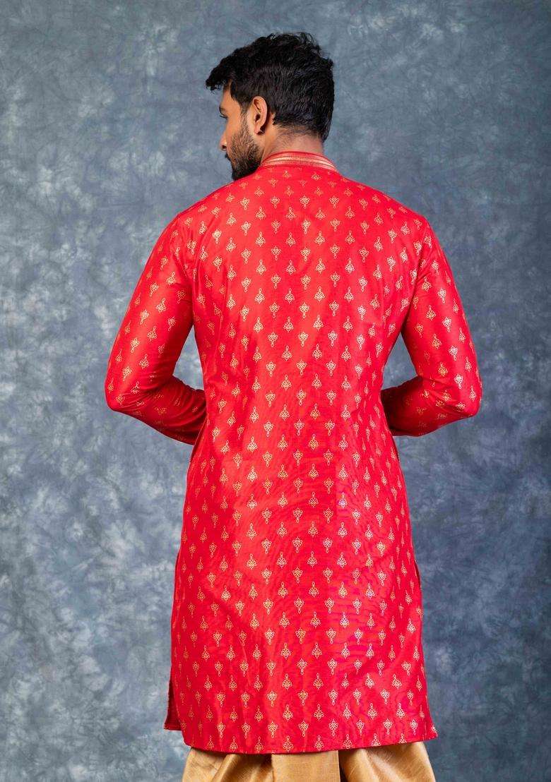 Red Embroidery Silk Kurta For Men - Indya