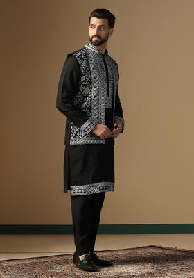 Black Embroidery Silk Kurta Jacket Set For Men