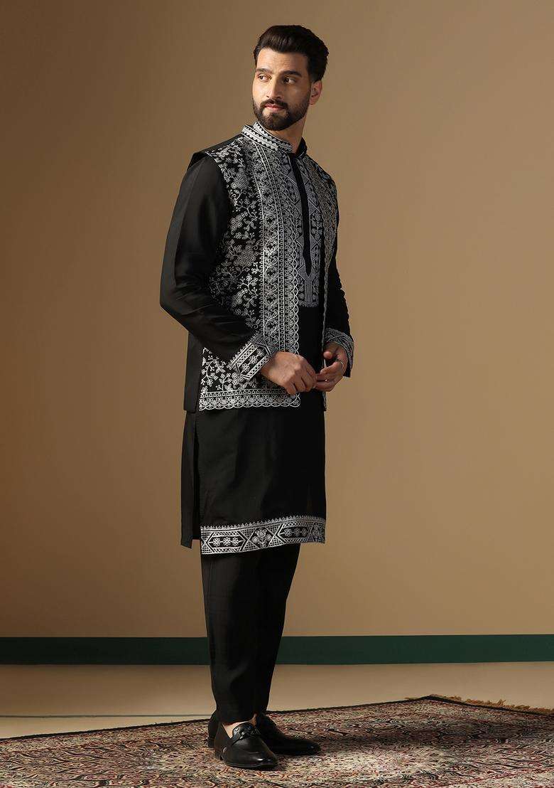 Black Embroidery Silk Kurta Jacket Set For Men - Indya