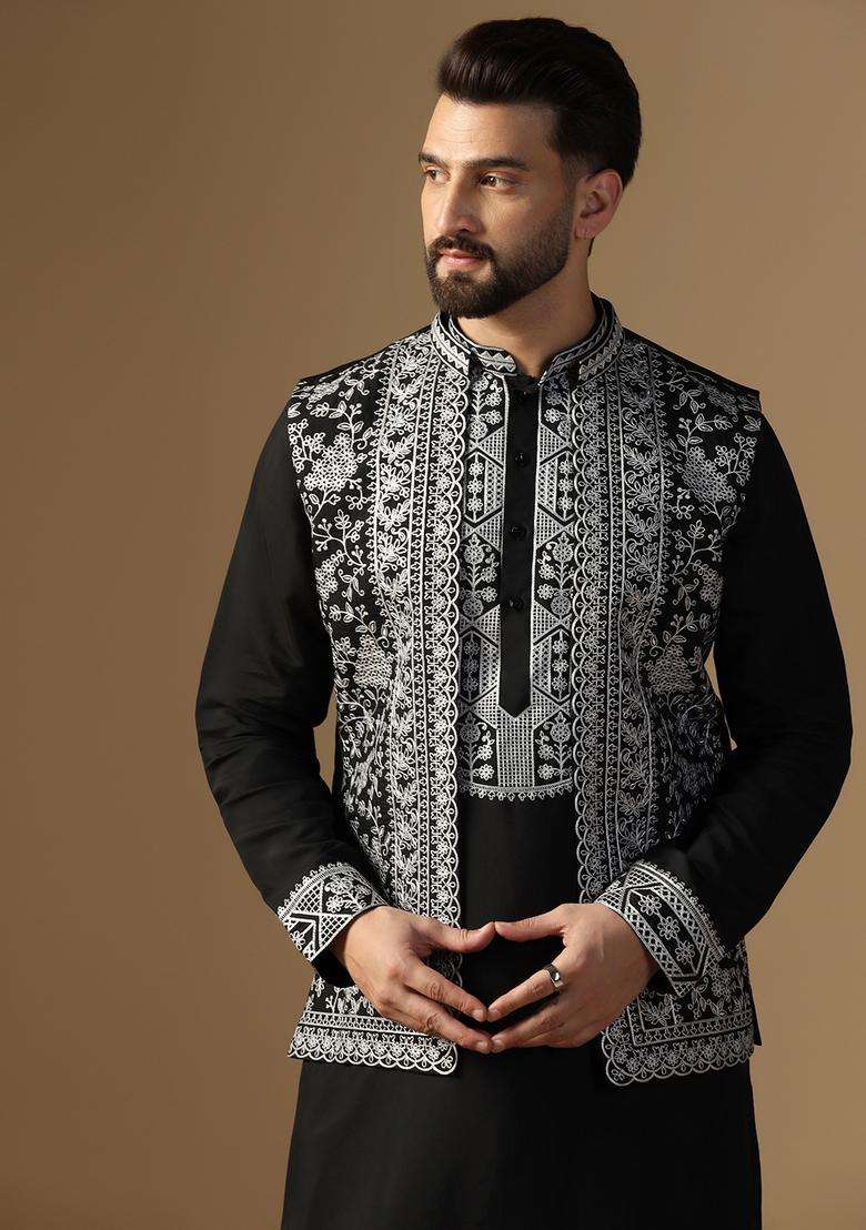Black Embroidery Silk Kurta Jacket Set For Men - Indya