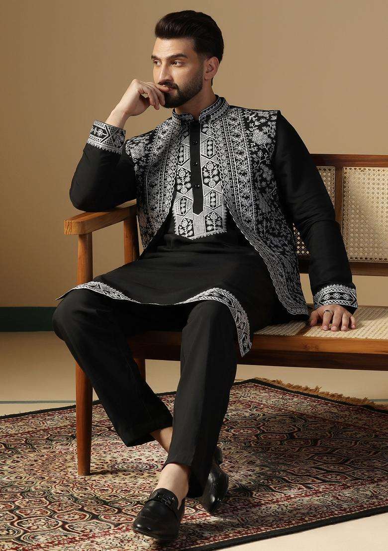 Black Embroidery Silk Kurta Jacket Set For Men - Indya