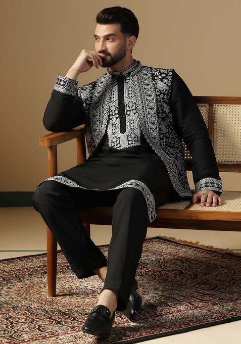 Black Embroidery Silk Sherwani Set For Men