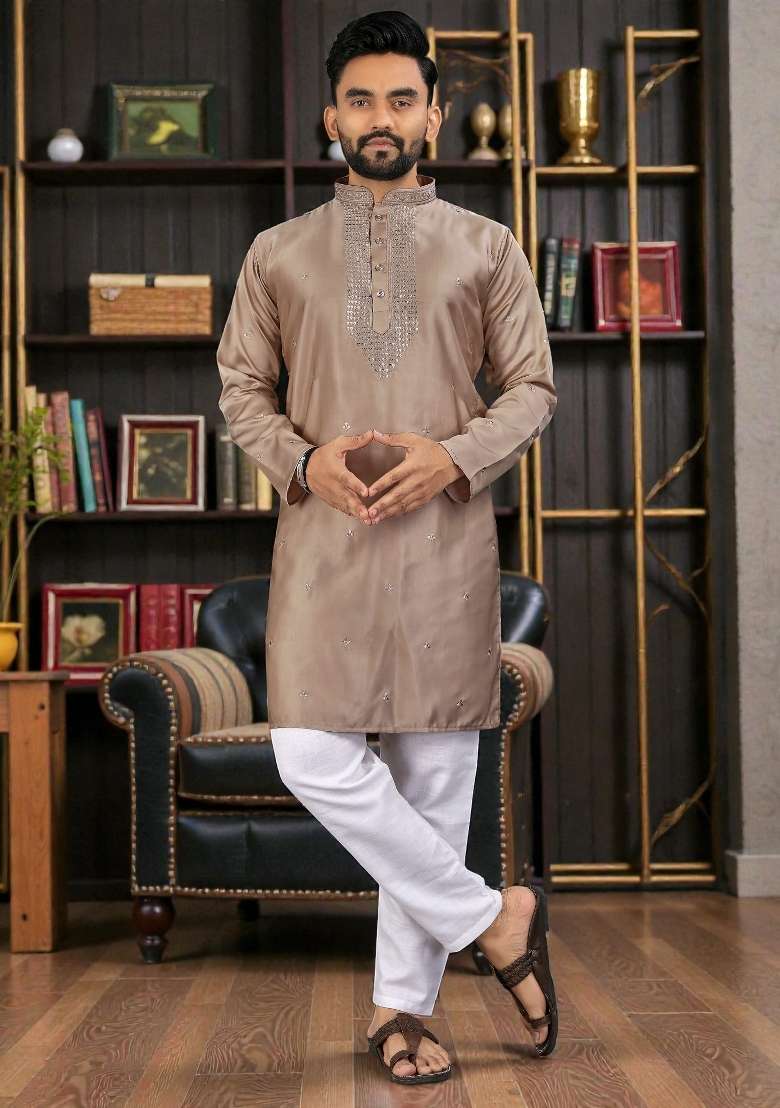 Brown Embroidery Silk Kurta Set For Men - Indya