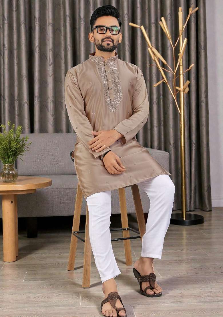 Brown Embroidery Silk Kurta Set For Men - Indya