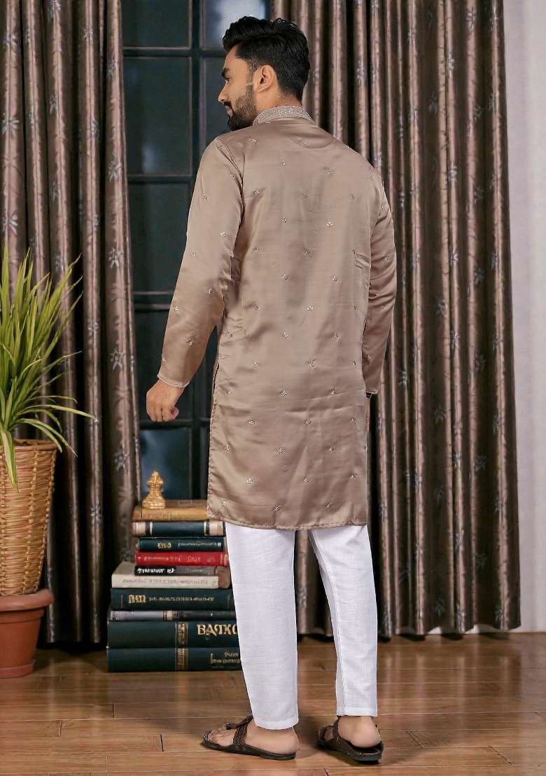 Brown Embroidery Silk Kurta Set For Men - Indya