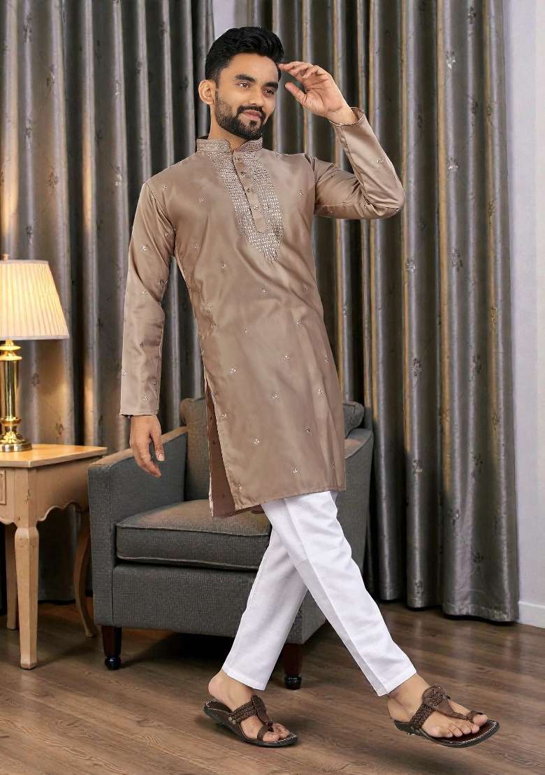 Brown Embroidery Silk Kurta Set For Men - Indya