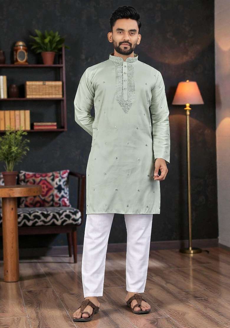 Green Embroidery Silk Kurta Set For Men - Indya