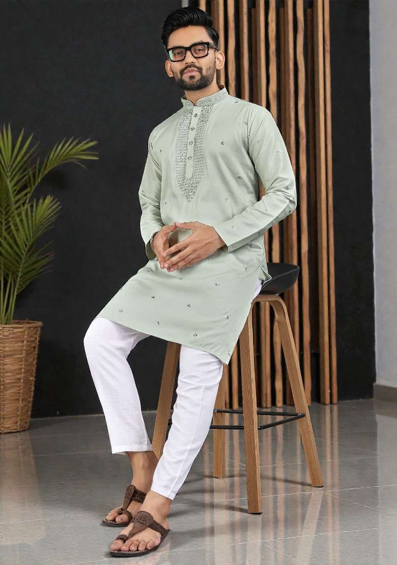 Green Embroidery Silk Kurta Set For Men - Indya