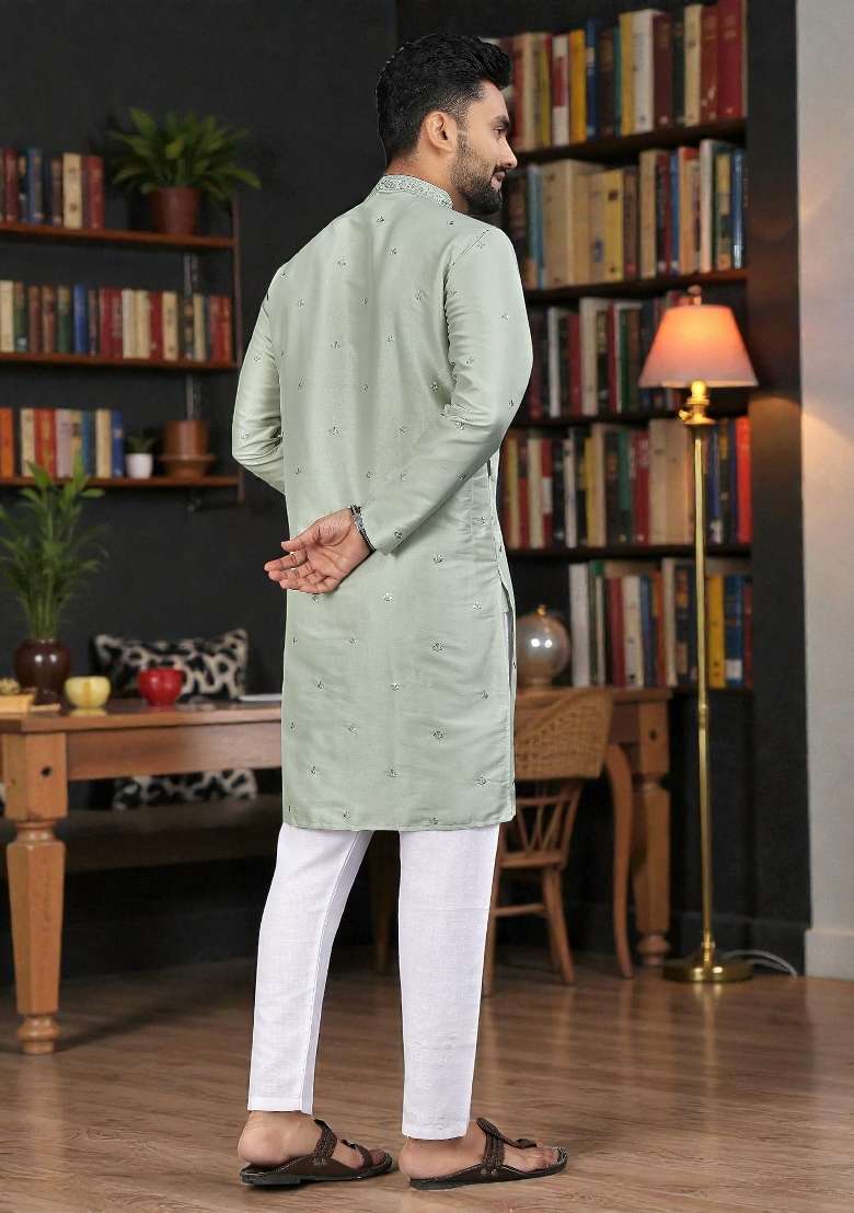 Green Embroidery Silk Kurta Set For Men - Indya