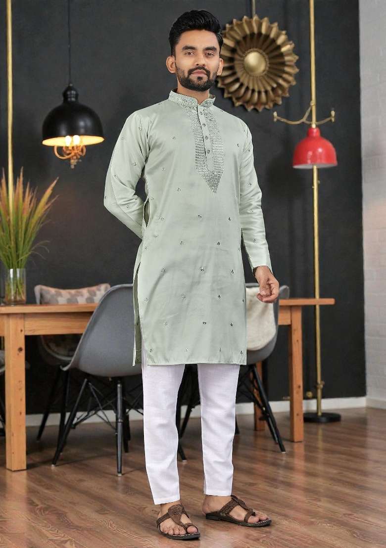 Green Embroidery Silk Kurta Set For Men - Indya
