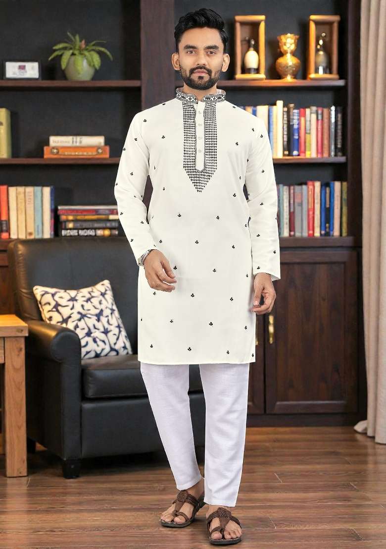White Embroidery Silk Kurta Set For Men - Indya