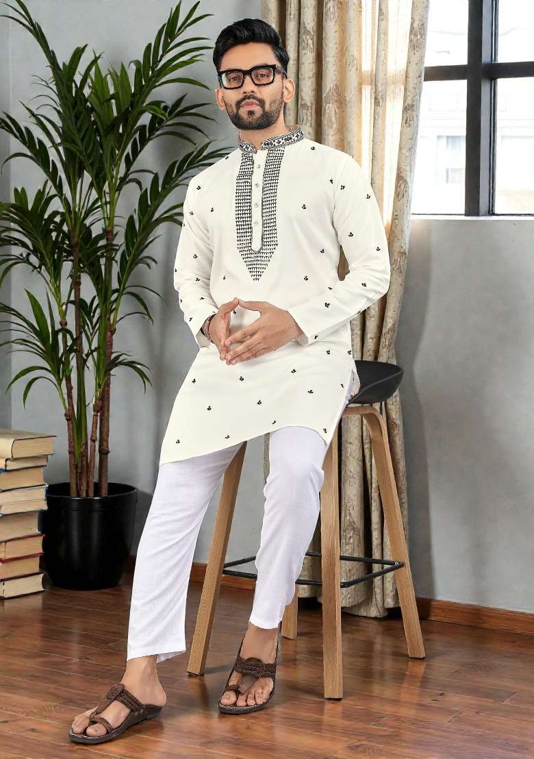 White Embroidery Silk Kurta Set For Men - Indya