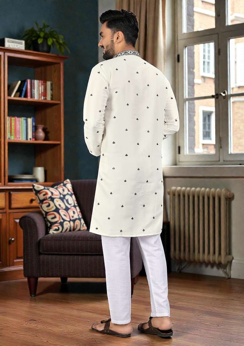 White Embroidery Silk Kurta Set For Men - Indya