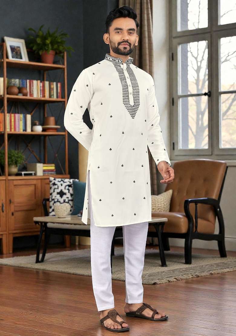 White Embroidery Silk Kurta Set For Men - Indya