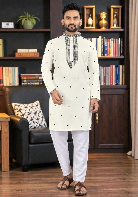 White Embroidery Silk Kurta Set For Men
