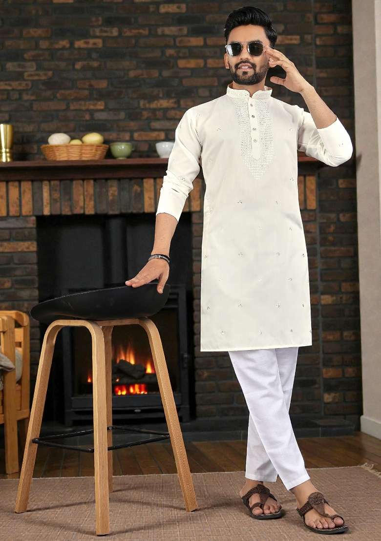 White Embroidery Silk Kurta Set For Men - Indya