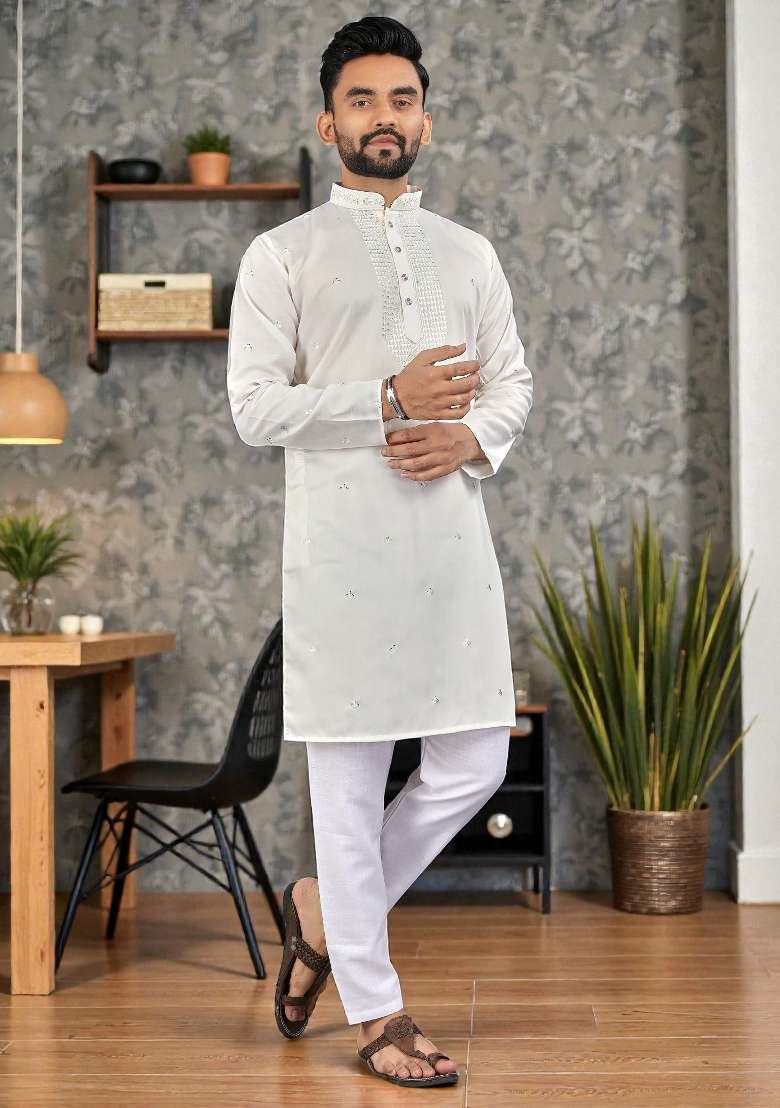 White Embroidery Silk Kurta Set For Men - Indya