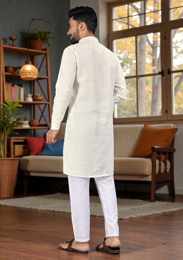 White Embroidery Silk Kurta Set For Men - Indya