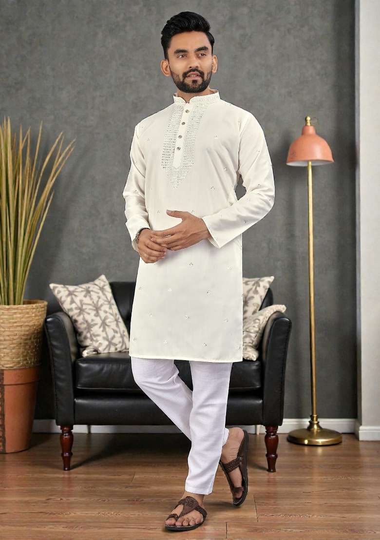 White Embroidery Silk Kurta Set For Men - Indya