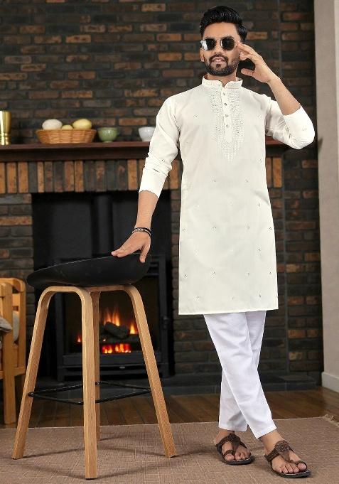 White Embroidery Silk Kurta Set For Men