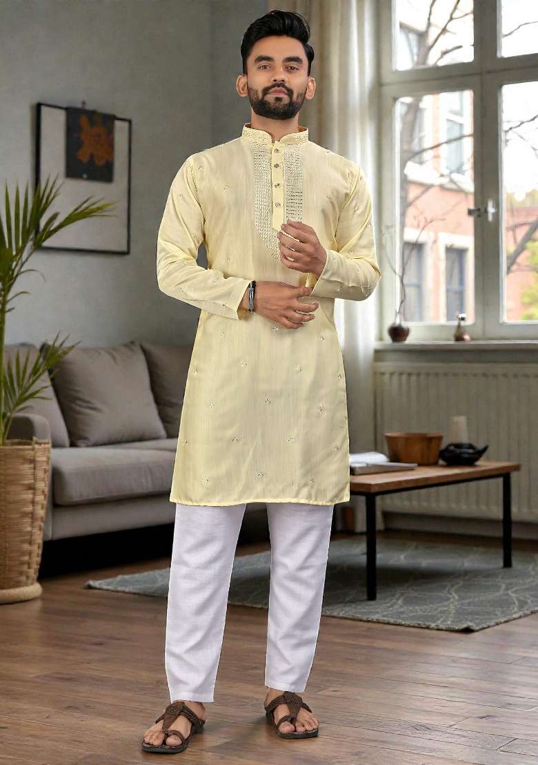 Yellow Embroidery Silk Kurta Set For Men - Indya