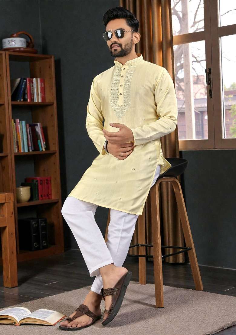 Yellow Embroidery Silk Kurta Set For Men - Indya