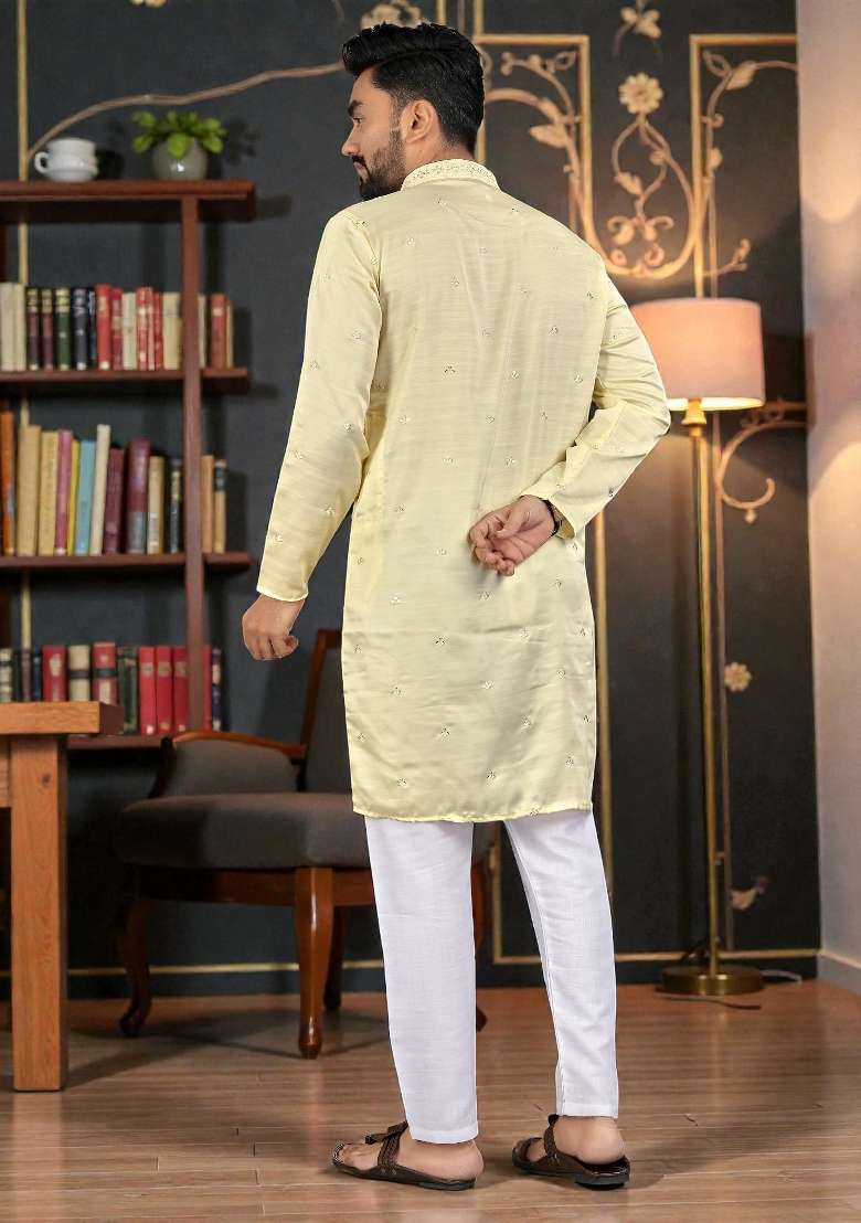 Yellow Embroidery Silk Kurta Set For Men - Indya