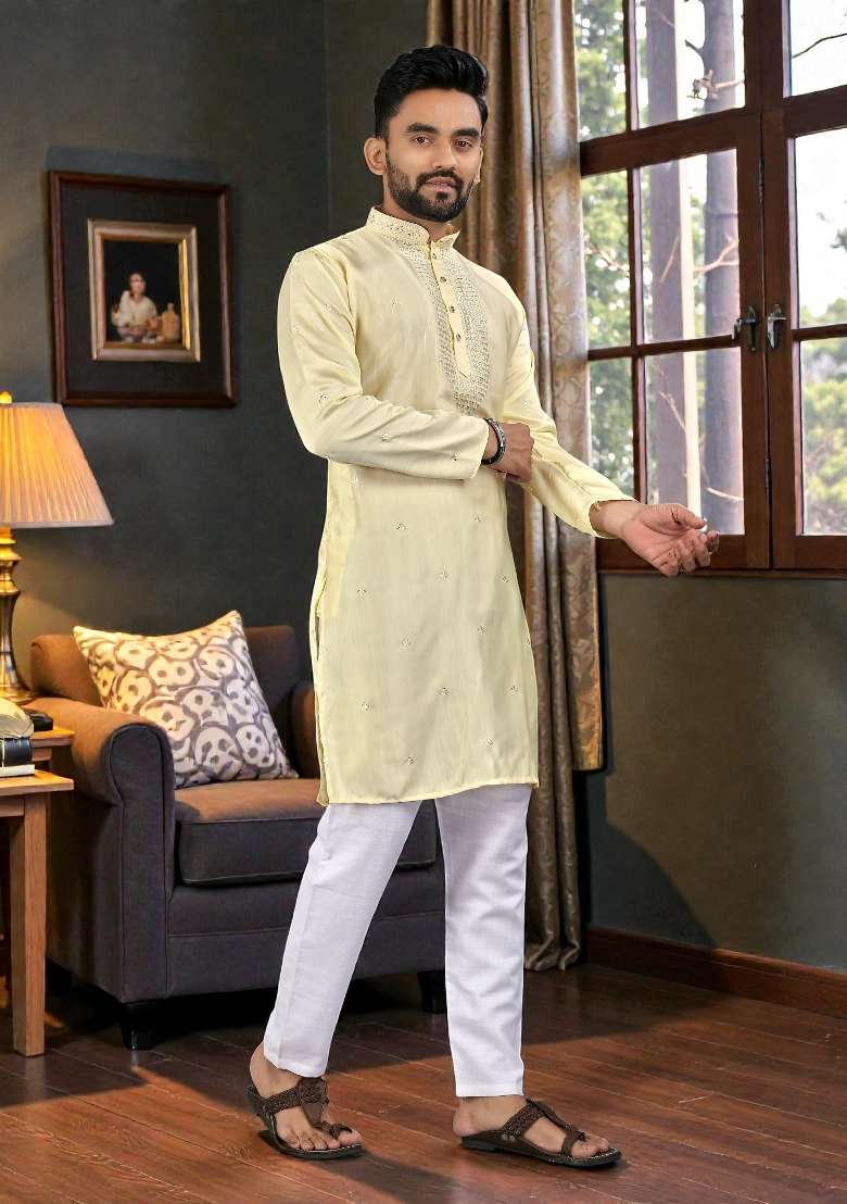 Yellow Embroidery Silk Kurta Set For Men - Indya