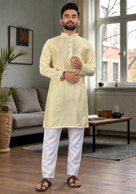 Yellow Embroidery Silk Kurta Set For Men