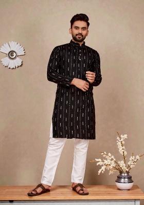 Black Embroidery Cotton Kurta Set For Men
