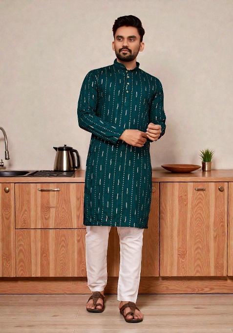 Indigo Embroidery Cotton Kurta Set For Men
