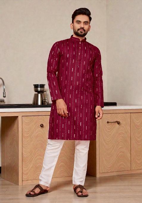 Maroon Embroidery Cotton Kurta Set For Men