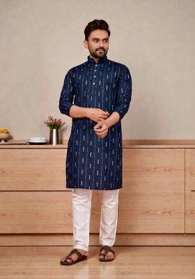Navy Blue Embroidery Cotton Kurta Set For Men