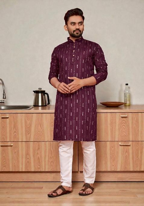 Wine Embroidery Cotton Kurta Set For Men