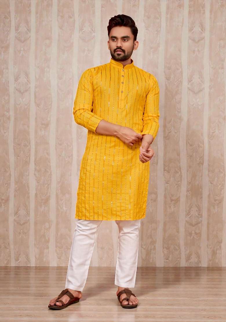 Yellow Embroidery Cotton Kurta Set For Men - Indya