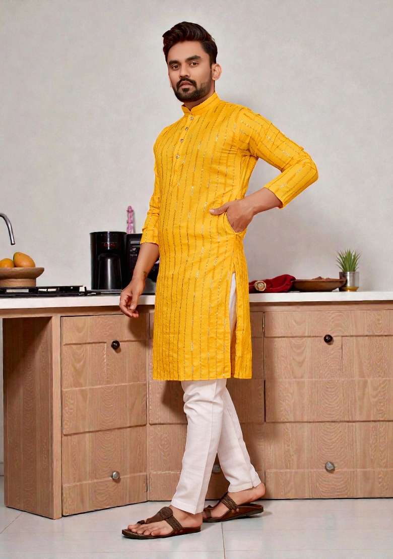 Yellow Embroidery Cotton Kurta Set For Men - Indya